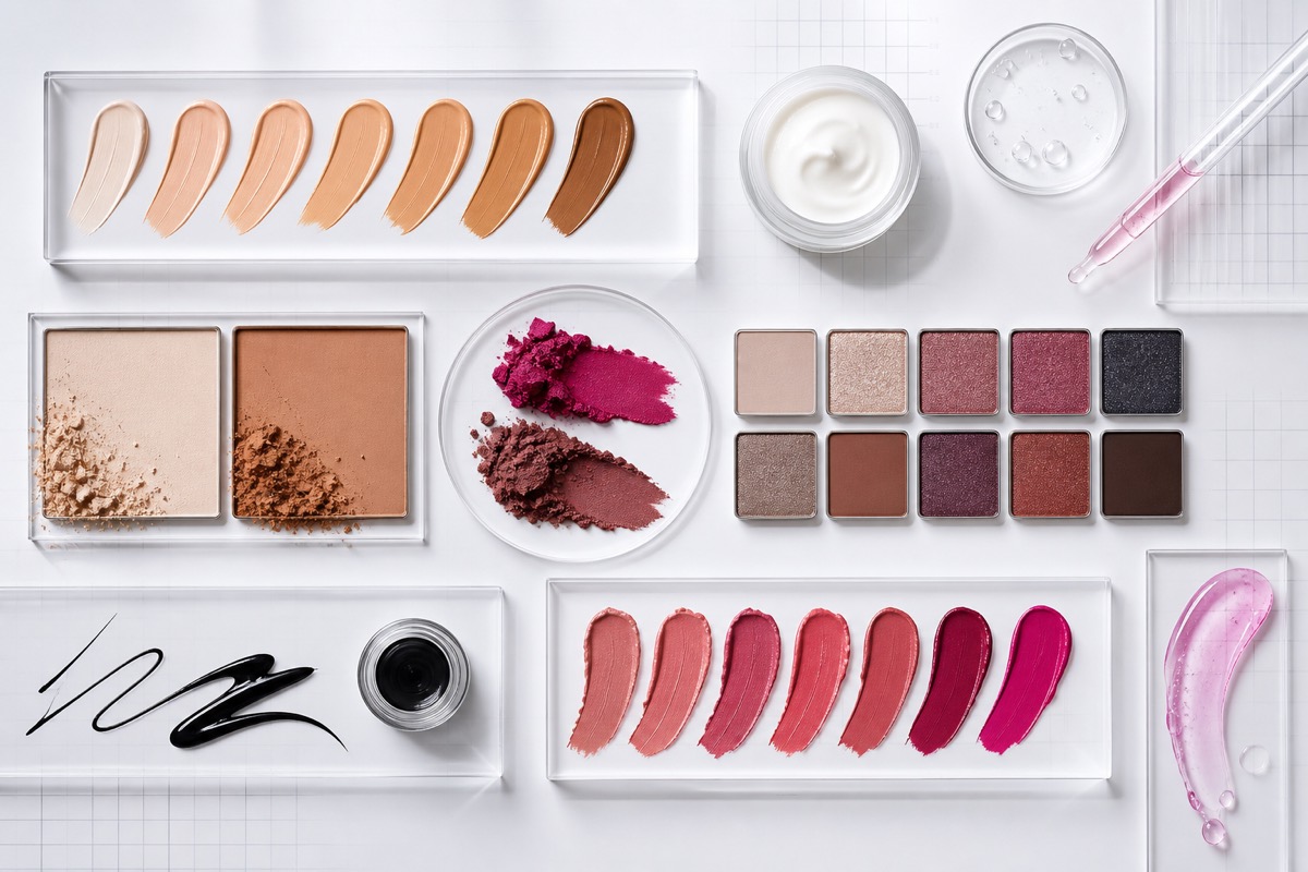 Flat lay of foundation, eyeshadow, eyeliner and lip color swatches