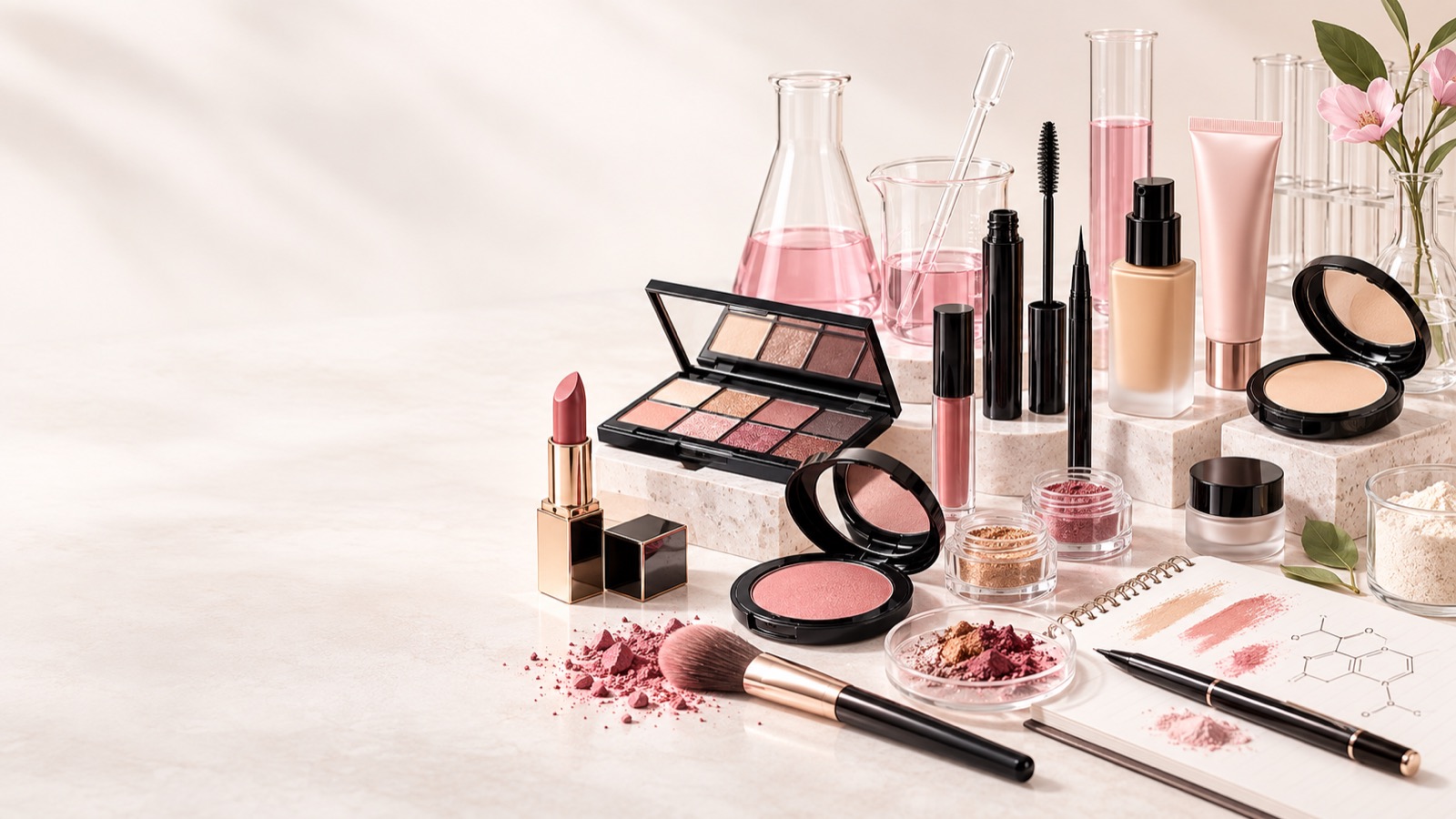 Magenta pigments, glassware and tools in a cosmetics laboratory